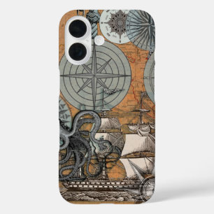 Coques iPhone 16 Boussole Rose Vintage Nautique Octopus Ship