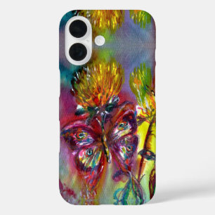 COQUES iPhone 16  BOUTEILLES ROUGES SUR THISTLES JAUNES, CIEL BLEU F
