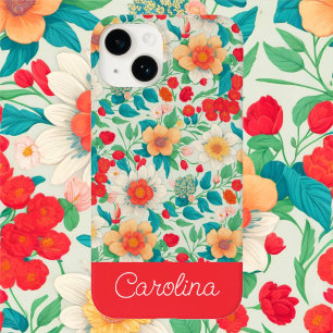 Coque Pour iPhone 14 Bright coloré motif floral vintage boho rouge