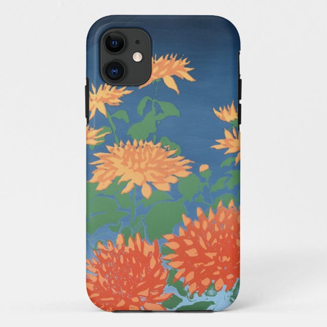 Coques Case-Mate iPhone Bright Orange Chrysanthèmes sur Deep Blue (Dos)