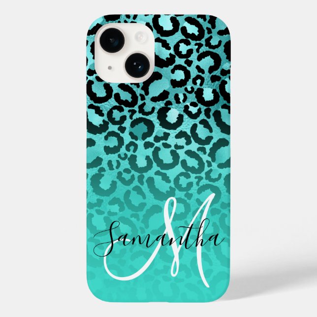 Coques Case-Mate iPhone Bright Turquoise Léopard Ombré Monogramme (Verso)