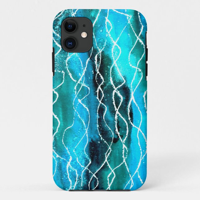 Coques Case-Mate iPhone Brillant Turquoise, Noir, Vagues Blanches (Dos)