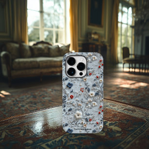 Coque Pour iPhone 14 Pro Broderie florale personnalisée bleue et rouge avec