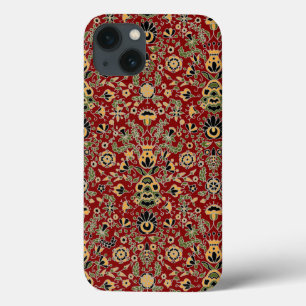 Etui iPhone 13 Broderie folle Jaune, Vert, Noir sur Rouge profond