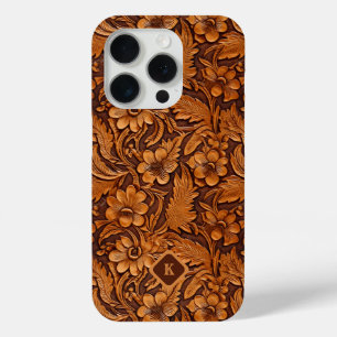 Coque iPhone 15 Pro Brown 3-D modèle floral en cuir à outils monogramm