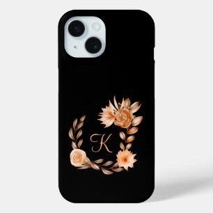 Coque Pour iPhone 15 Brown noir monogramme et florale de pêche