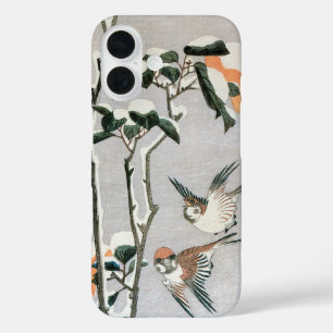 Coques iPhone 16 Bruants et Camellia en Neige par Ando Hiroshige