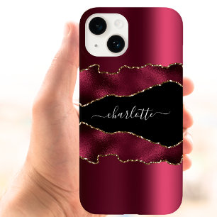 Coque Pour iPhone 14 Burgundy noir or agate marbre nom script