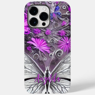 Coque Pour Pour iPhone 14 Pro Max Butterfly florale mauve et argent tendance personn