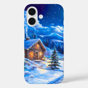 Coques iPhone 16 Cabane de Noël sous la lune hivernale enneigée