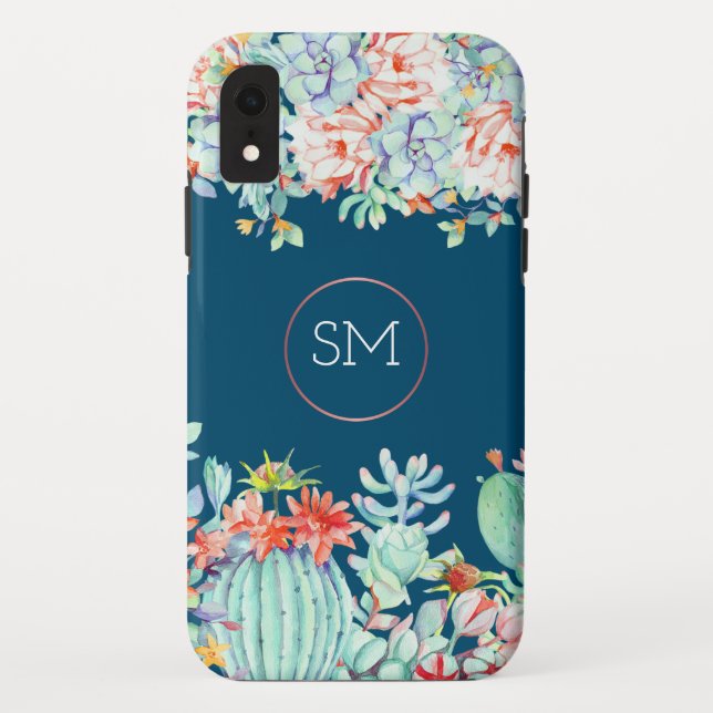 Coques Case-Mate iPhone Cactus Monogramme Succulent Océan Blue Monogramme (Dos)