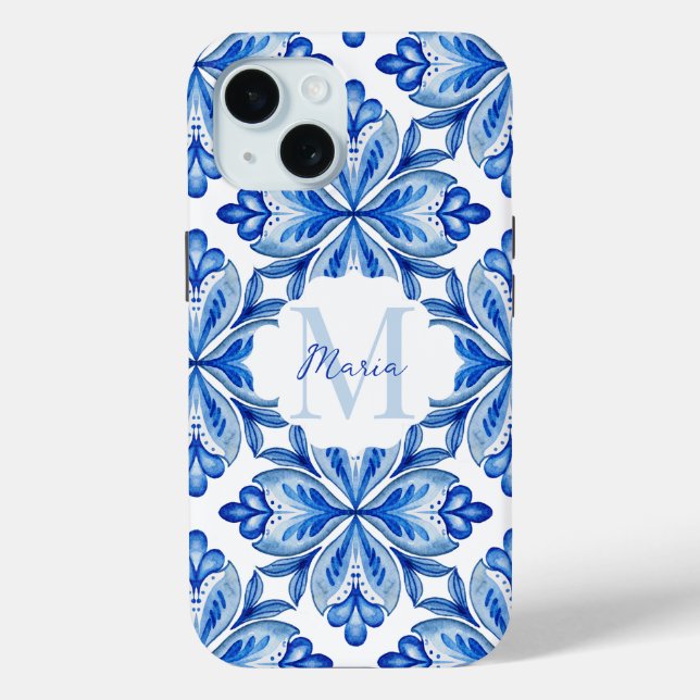 Coques Case-Mate iPhone Cadeaux de demaid Italien Bleu carreaux monogramme (Verso)