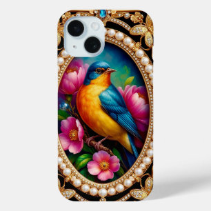 Coque Pour iPhone 15 Cadre de style vintage avec oiseau coloré