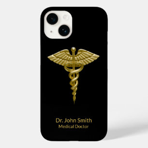 Coque Pour iPhone 14 Caduceus Gold sur Black Classy Médicale