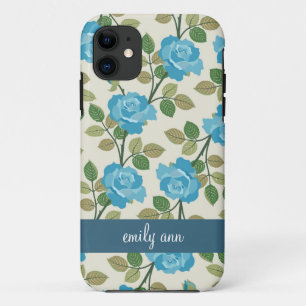Coque iPhone 11 Caisse bleue du motif iPhone4 de vignes de roses