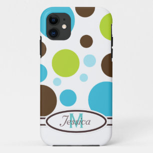 Coque iPhone 11 Caisse de bleu, Brown et verte de monogramme de