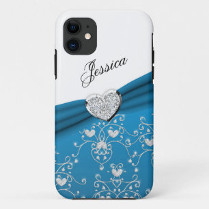 Coque iPhone 11 Caisse turquoise de l'iPhone 5 de damassé de coeu
