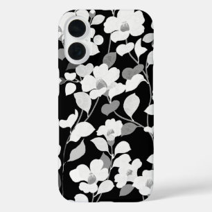 Coques iPhone 16 CAMELLIAS BLANCS NOIRS, Floral Foncé FEUILLE