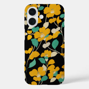 COQUES iPhone 16 CAMELLIAS JAUNES, FEUILLES BLANCS VERTS NOIR