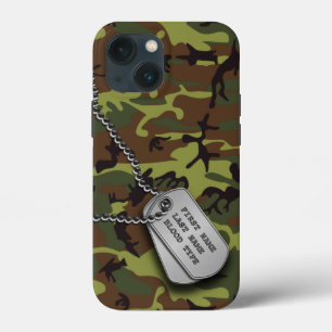iPhone 13 Mini Case Camo vert avec l'étiquette de chien