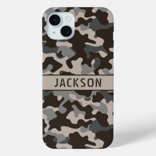 Coque iPhone 15 Mini Camouflage Brun et Gris Personnalisé