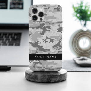 Coque iPhone 15 Pro Max Camouflage gris neige d'hiver Votre nom Personnali
