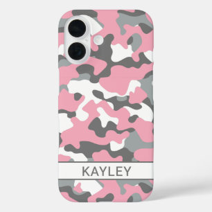 Coques iPhone 16 Camouflage Personnalisé Rose et Gris