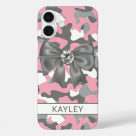 Coques iPhone 16 Plus Camouflage personnalisé rose gris brillant