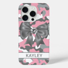 Coque iPhone 15 Pro Camouflage Personnalisé Rose Gris Brillante
