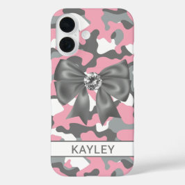 Coques iPhone 16 Camouflage Personnalisé Rose Gris Brillante