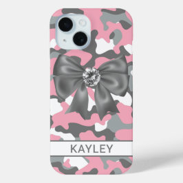 Coque Pour iPhone 15 Camouflage Personnalisé Rose Gris Brillante