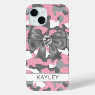 Coque Pour iPhone 15 Camouflage Personnalisé Rose Gris Brillante