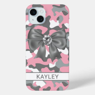 Coque iPhone 15 Mini Camouflage Personnalisé Rose Gris Brillante