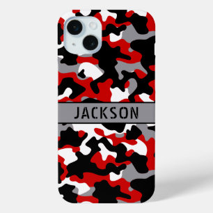 Coque iPhone 15 Mini Camouflage personnalisé rouge et noir