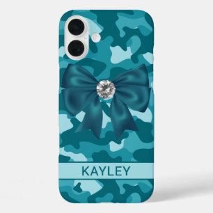 Coques iPhone 16 Plus Camouflage sarcelle brillant personnalisé
