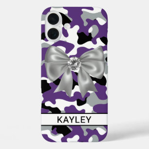 Coques iPhone 16 Plus Camouflage Violet Noir Personnalisé Brillante