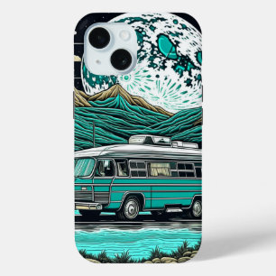 Coque Pour iPhone 15 Camper vintage Turquoise RV dans les montagnes