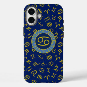 Coques iPhone 16 Plus Cancer Zodiac+Astrologie Symboles Motif Gold+Blues