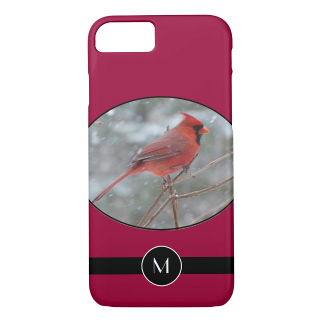 Coques Case-Mate iPhone Cardinal rouge monogramme en hiver (Dos)