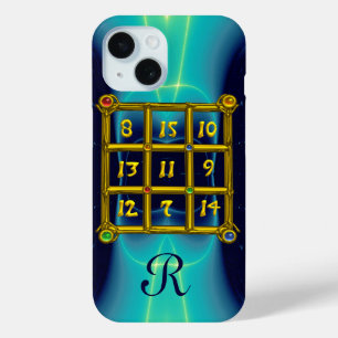 Coque Pour iPhone 15 CARRÉ MAGIQUE 33 MONOGRAM Turquoise, Aqua Blue Tur