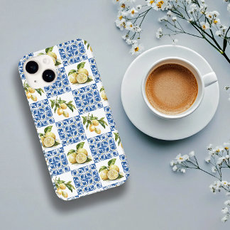 Coque Pour iPhone 14 Carreau bleu motif de citron de style français