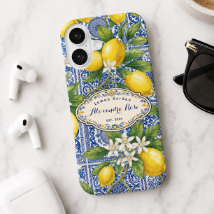Coques iPhone 16 Carreau de style country français bleu avec monogr