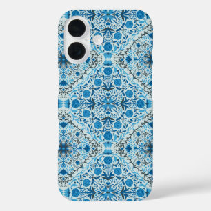 Coques iPhone 16 Carreaux à fleurs bleus