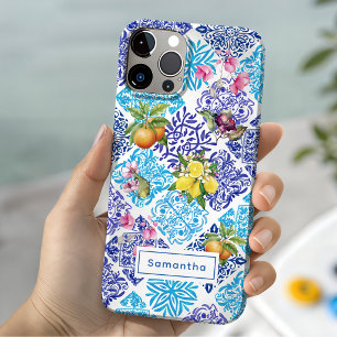 Coque Pour iPhone 15 Carreaux azulejo méditerranéens floraux de citrons
