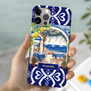 Coque Pour iPhone 15 Carreaux bleus de citrons en majolique méditerrané