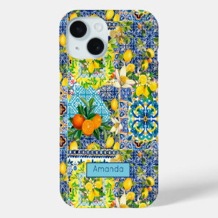 Coque Pour iPhone 15 Carreaux fleuris d'agrumes siciliens bleu chic