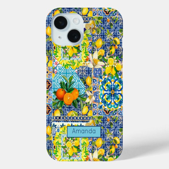 Coques Case-Mate iPhone Carreaux fleuris d'agrumes siciliens bleu chic (Verso)