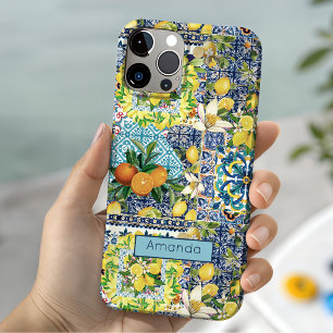 Coque Pour iPhone 15 Carreaux Floraux Citriques Siciliens Bleus Chic Tu