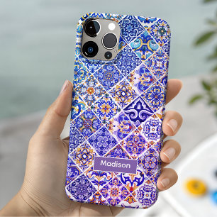 Coque Pour iPhone 15 Carreaux Méditerranéens Talavera Bleu Violet Artis