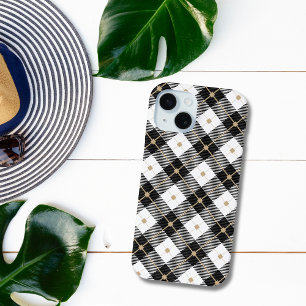Coque Pour iPhone 15 Carreaux Noir Blanc et Or